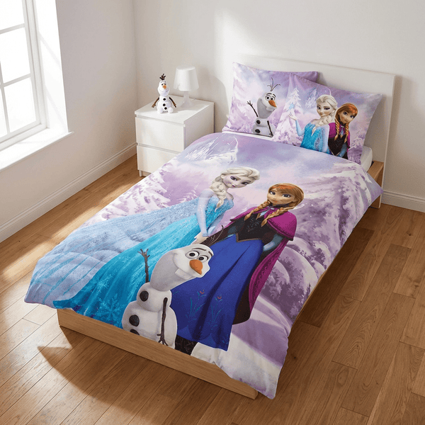 Parure de lit Reine des Neiges Elsa Anna Olaf réversible 100x135 + taie 40x60 cm – Violet coton
