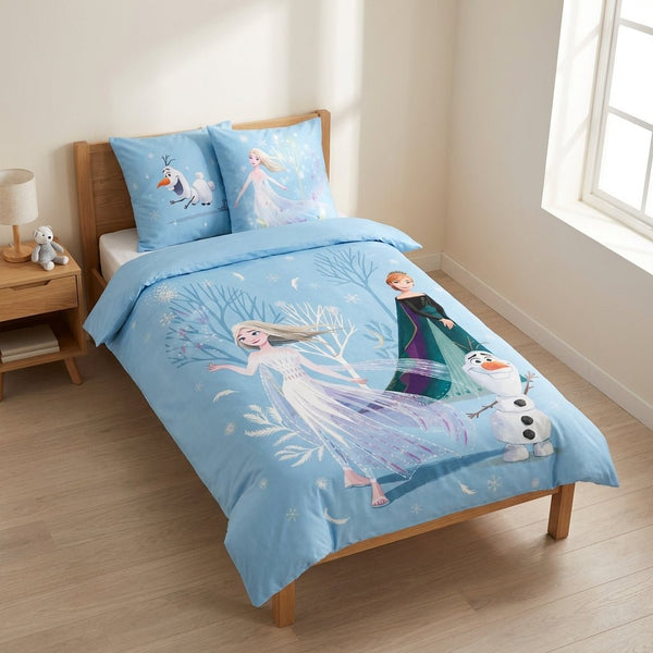 Parure de lit Reine des Neiges Frozen 2 réversible 100x135 + taie 40x60 cm – Bleu ciel coton