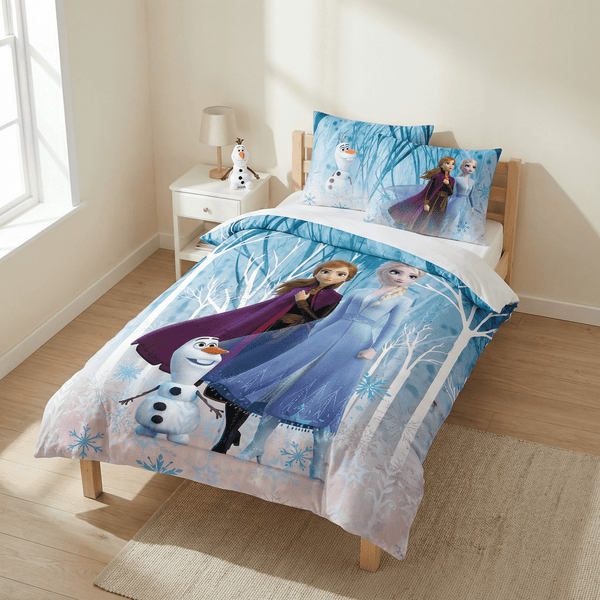 Parure de lit Reine des Neiges Forêt Enchantée réversible 100x135 + taie 40x60 cm – Turquoise coton