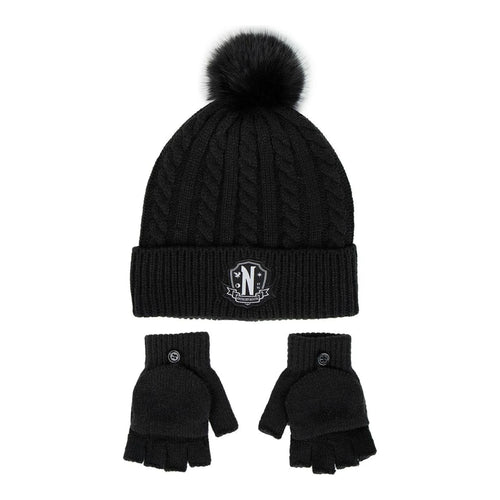 Bonnet noir et gris motif uni inspiré de Wednesday Addams