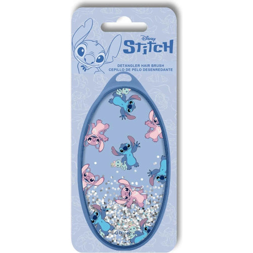 Brosse ovale bleue avec imprimé Stitch et paillettes visibles dans le manche