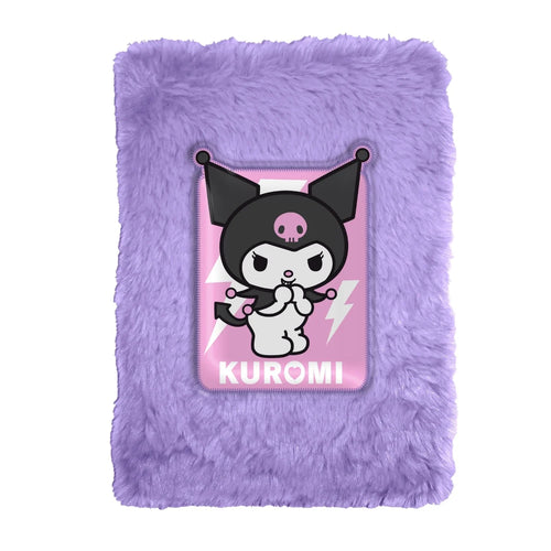 Cahier A5 couverture peluche lilas avec visage Kuromi brodé