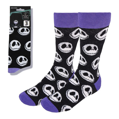 Chaussettes noires motif Jack Skellington et Sally sur fond violet