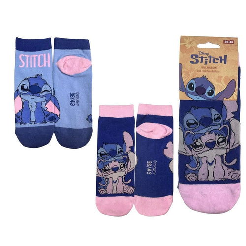 Chaussettes Stitch multicolores posées à plat, motif caricature visible
