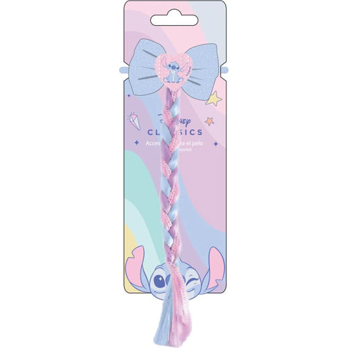 Chouchou Stitch avec tresse pastel rose bleu et lilas sur fond blanc