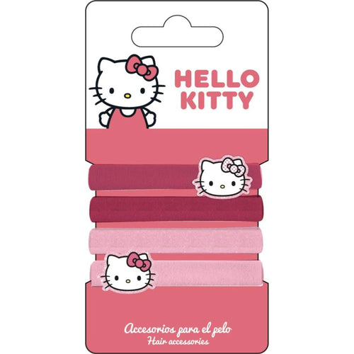 Quatre chouchous Hello Kitty roses posés en éventail sur fond blanc