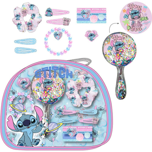 Trousse transparente Stitch avec miroir, pinces et chouchous assortis