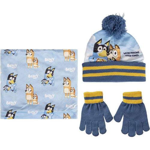 Bonnet bleu Bluey avec motif tête de chien sur fond uni