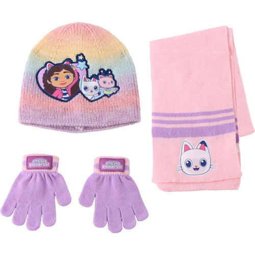 Ensemble bonnet gants écharpe Gabby's Dollhouse posé à plat sur fond blanc