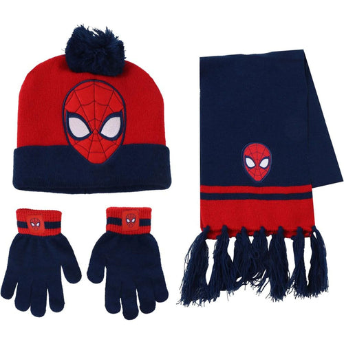 Bonnet, gants et écharpe Spiderman bleu et rouge posés à plat