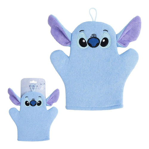 Gant de bain bleu à motif Stitch souriant, format compact enfant