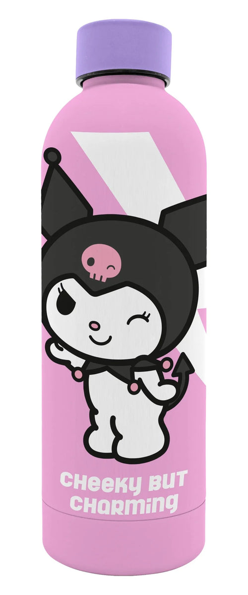 Gourde rose en acier inoxydable Kuromi debout sur fond blanc