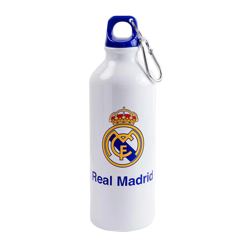 Gourde aluminium bleu et blanc avec emblème brillant du Real Madrid