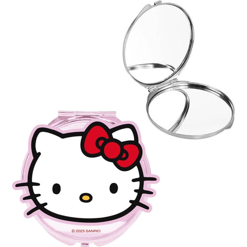 Miroir de poche rond Hello Kitty rose ouvert montrant la double face