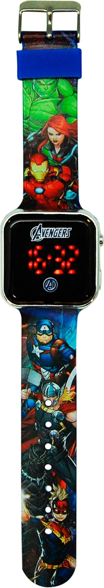 Montre LED Avengers cadran multicolore avec bracelet bleu en caoutchouc