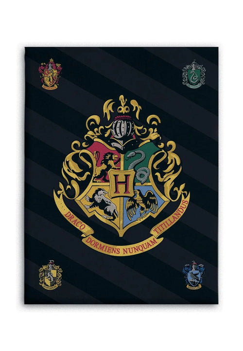Plaid polaire noir Harry Potter plié avec logo de l'école de sorcellerie