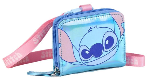 Porte-monnaie Stitch bleu irisé posé à plat, motif cartoon visible
