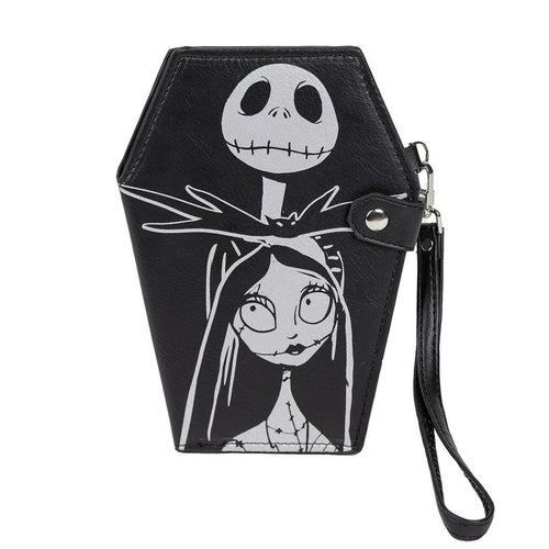 Portefeuille noir forme cercueil avec Jack Skellington et Sally argentés
