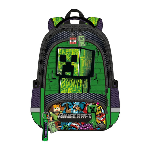 Sac à dos Minecraft vert avec motifs pixelisés et porte-bouteille latéral