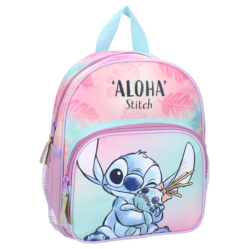Sac à dos rose pastel avec Stitch et Scrump sur fond turquoise dégradé