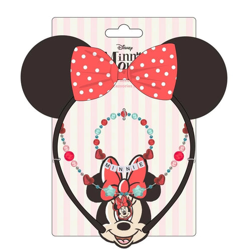 Collier, bracelet et bague Minnie Mouse rouge sur fond blanc