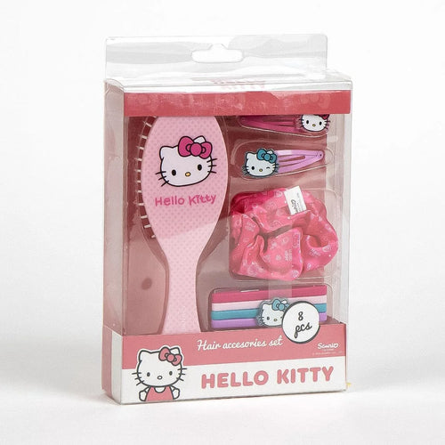 Set complet Hello Kitty rose avec brosse, clips et scrunchie sur fond blanc