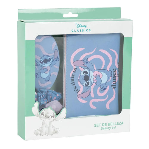 Set de beauté Stitch bleu avec brosse à cheveux et pochette assortie