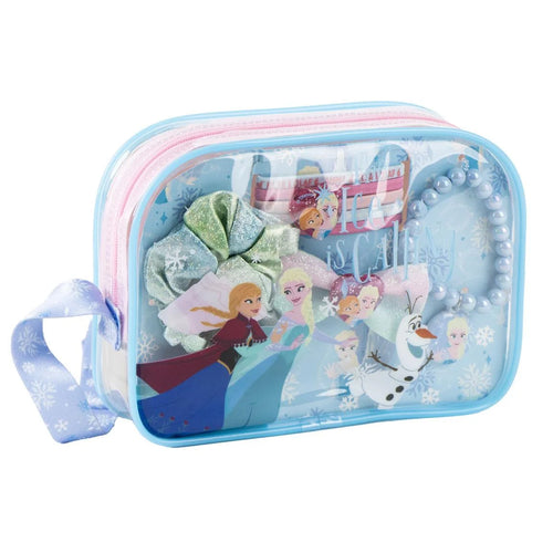Trousse transparente bleue à flocons avec Anna, Elsa et Olaf