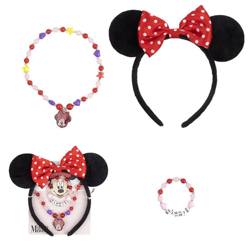 Serre-tête Minnie multicolore posé à côté de trois bijoux assortis