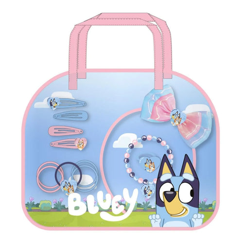 Set de beauté Bluey bleu présenté sur display avec accessoires de jeu