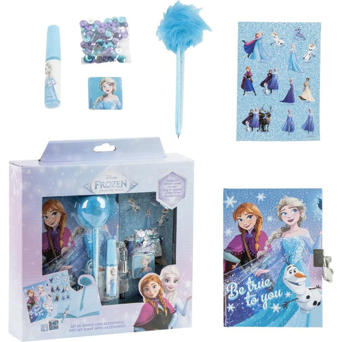 Carnet Reine des Neiges fermé avec illustration d'Elsa et Anna en bleu