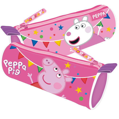 Trousse cylindrique Peppa Pig rose posée debout sur un bureau