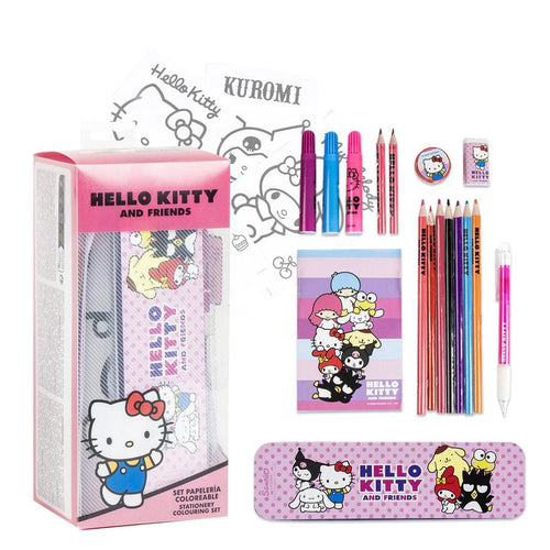 Trousse Hello Kitty rose avec crayons de couleur alignés à côté