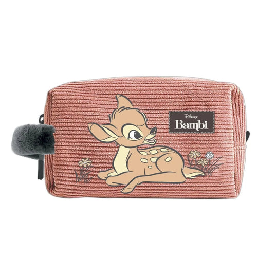 Trousse orange motif Bambi Disney posée à plat, fermeture éclair visible