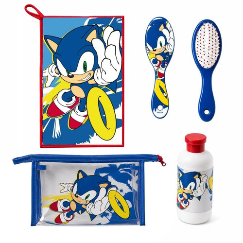 Set de toilette Sonic : trousse transparente zippée, serviette, brosse et flacon